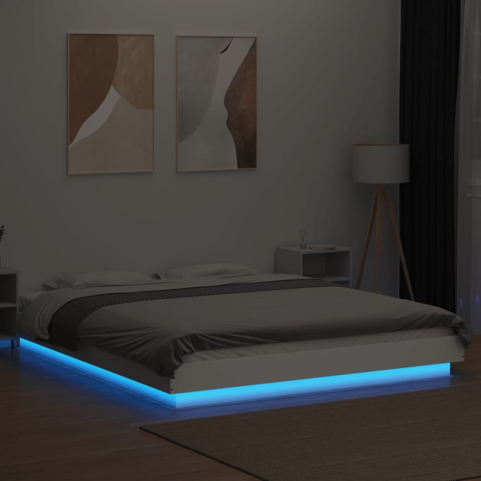 Estructura de cama con LED madera ingeniería blanco 160x200