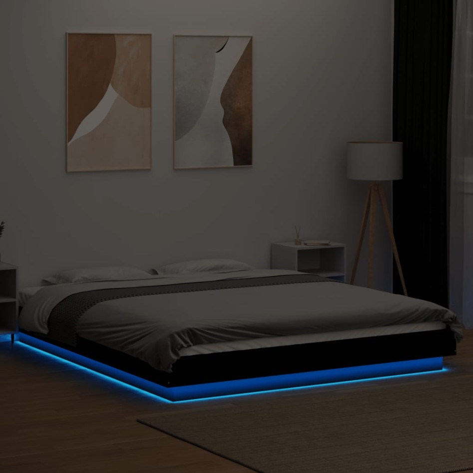 Estructura cama con luces LED madera ingeniería negro