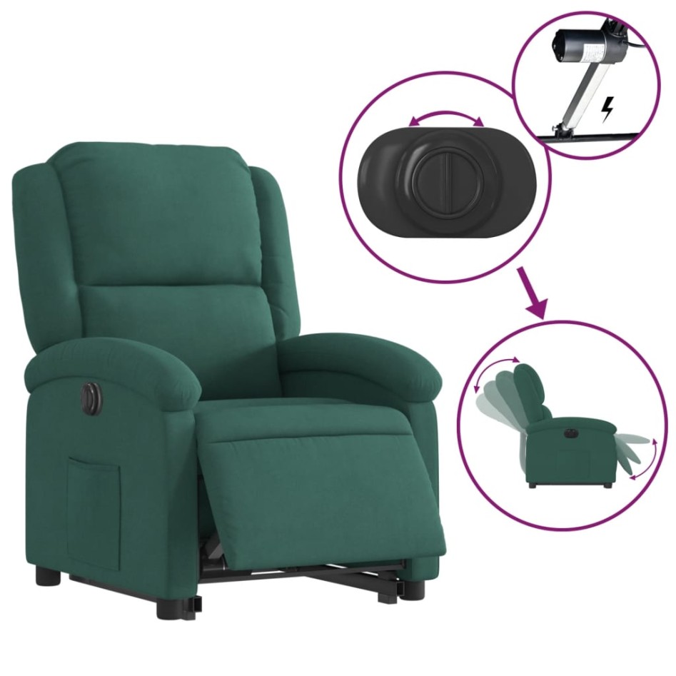 Sillón eléctrico reclinable elevable de terciopelo verde