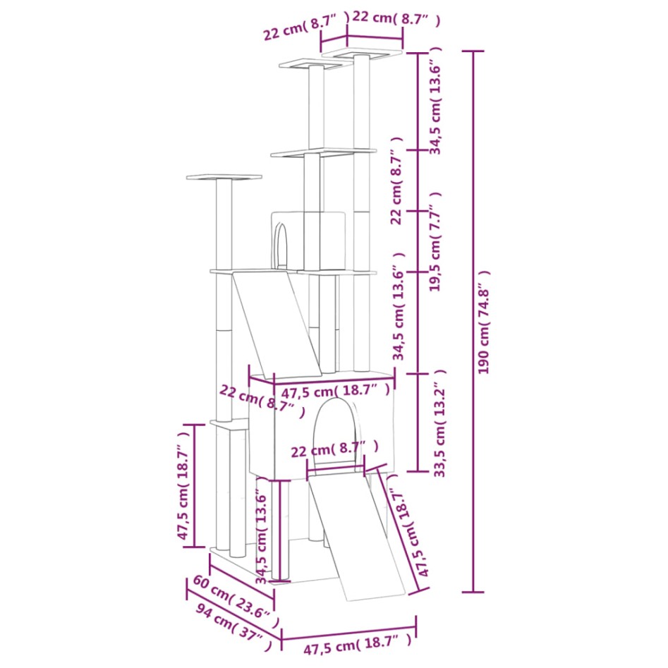 Rascador para gatos con postes de sisal crema 190