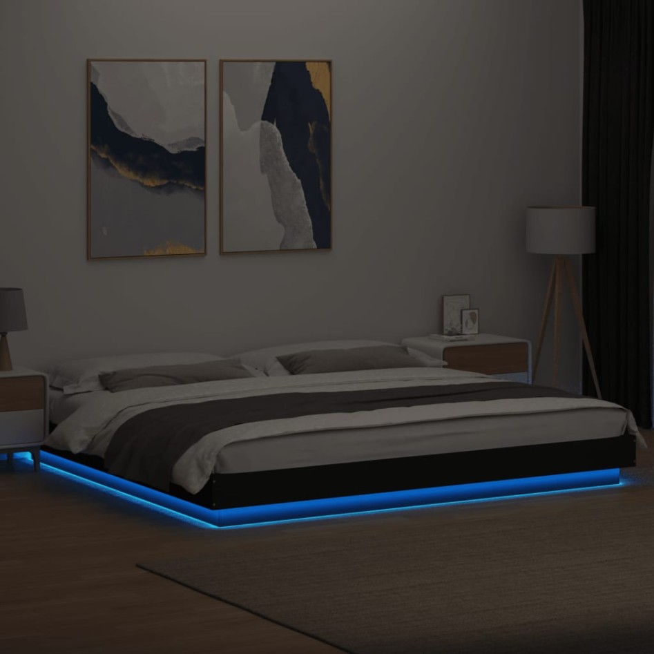 Estructura cama con luces LED madera ingeniería negro