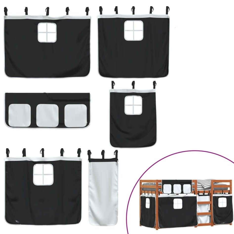 Litera con cortinas madera maciza pino blanco y negro 90x200