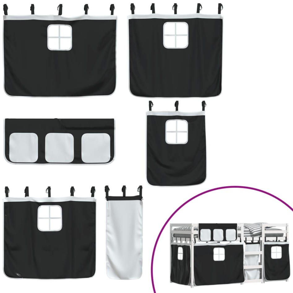 Litera con cortinas madera maciza pino blanco y negro 90x200