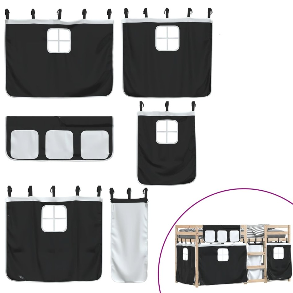 Litera con cortinas madera maciza pino blanco y negro 90x190