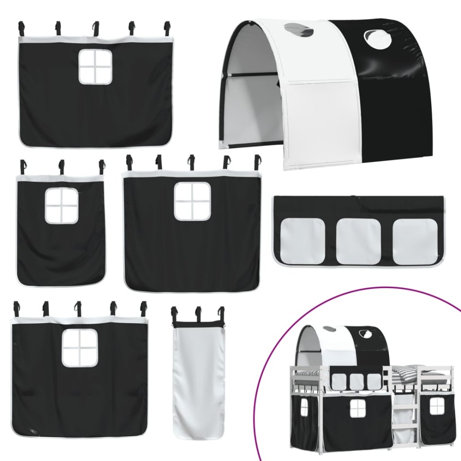 Litera con cortinas madera maciza pino blanco y negro 90x190