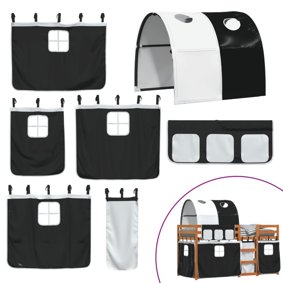 Litera con cortinas madera maciza pino blanco y negro 90x190