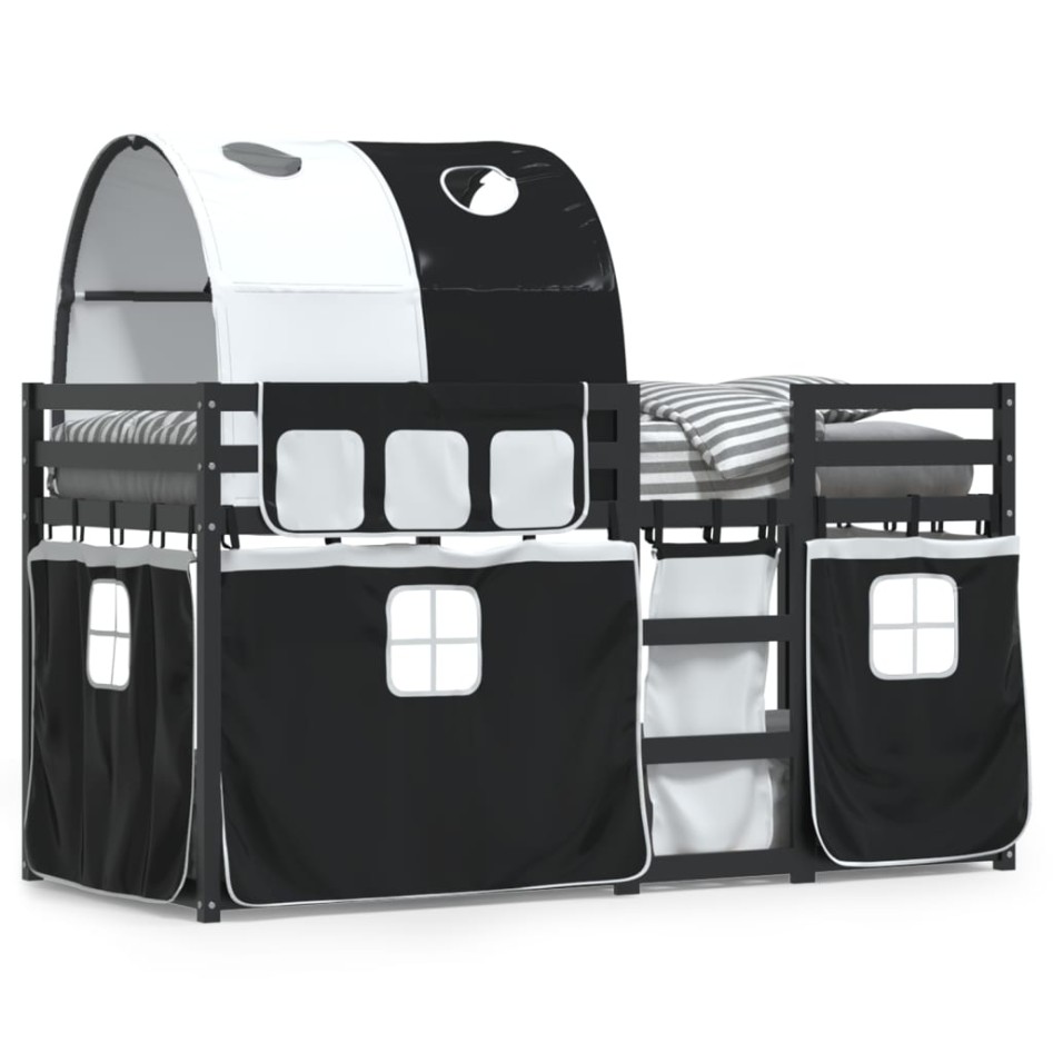 Litera con cortinas madera maciza pino blanco y negro 90x190