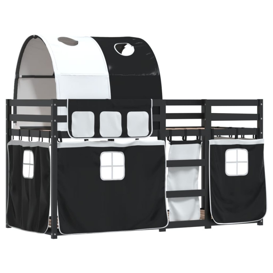 Litera con cortinas madera maciza pino blanco y negro 90x190