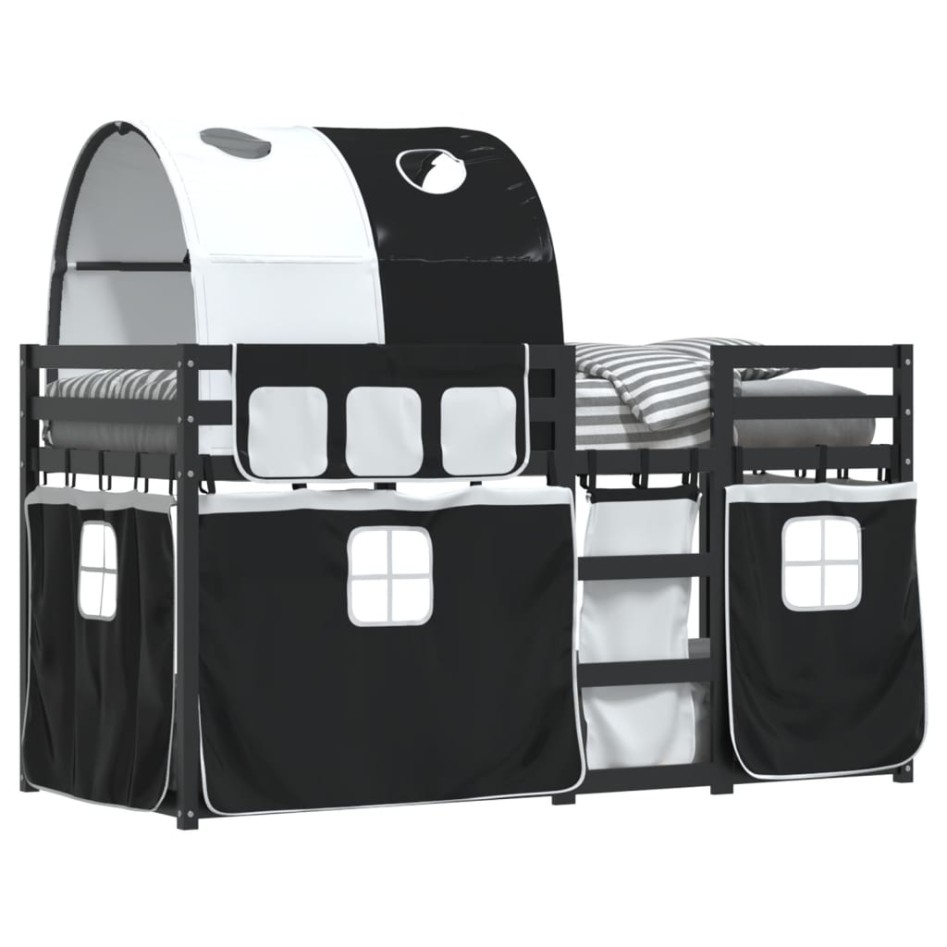 Litera con cortinas madera maciza pino blanco y negro 90x190