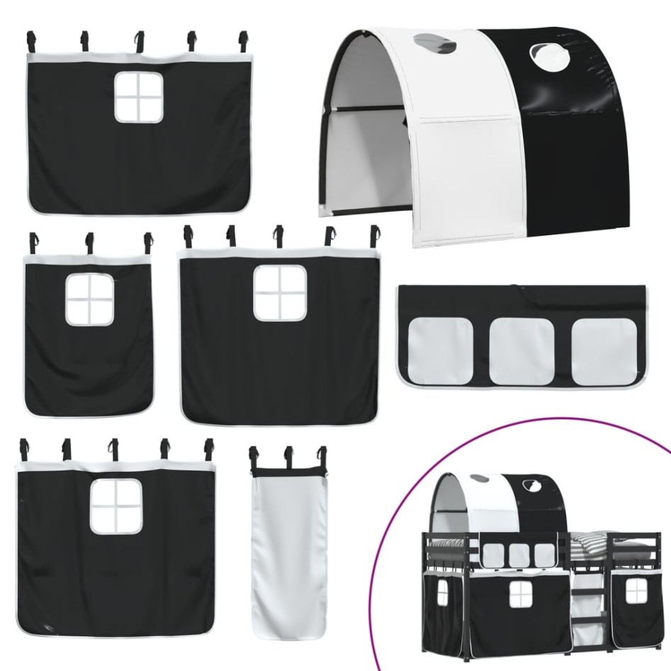 Litera con cortinas madera maciza pino blanco y negro 90x190