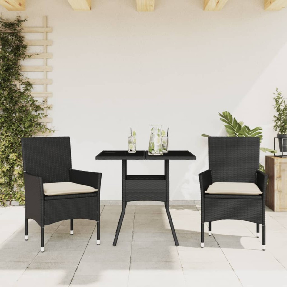 Set comedor jardín 3 pzas cojines ratán sintético vidrio