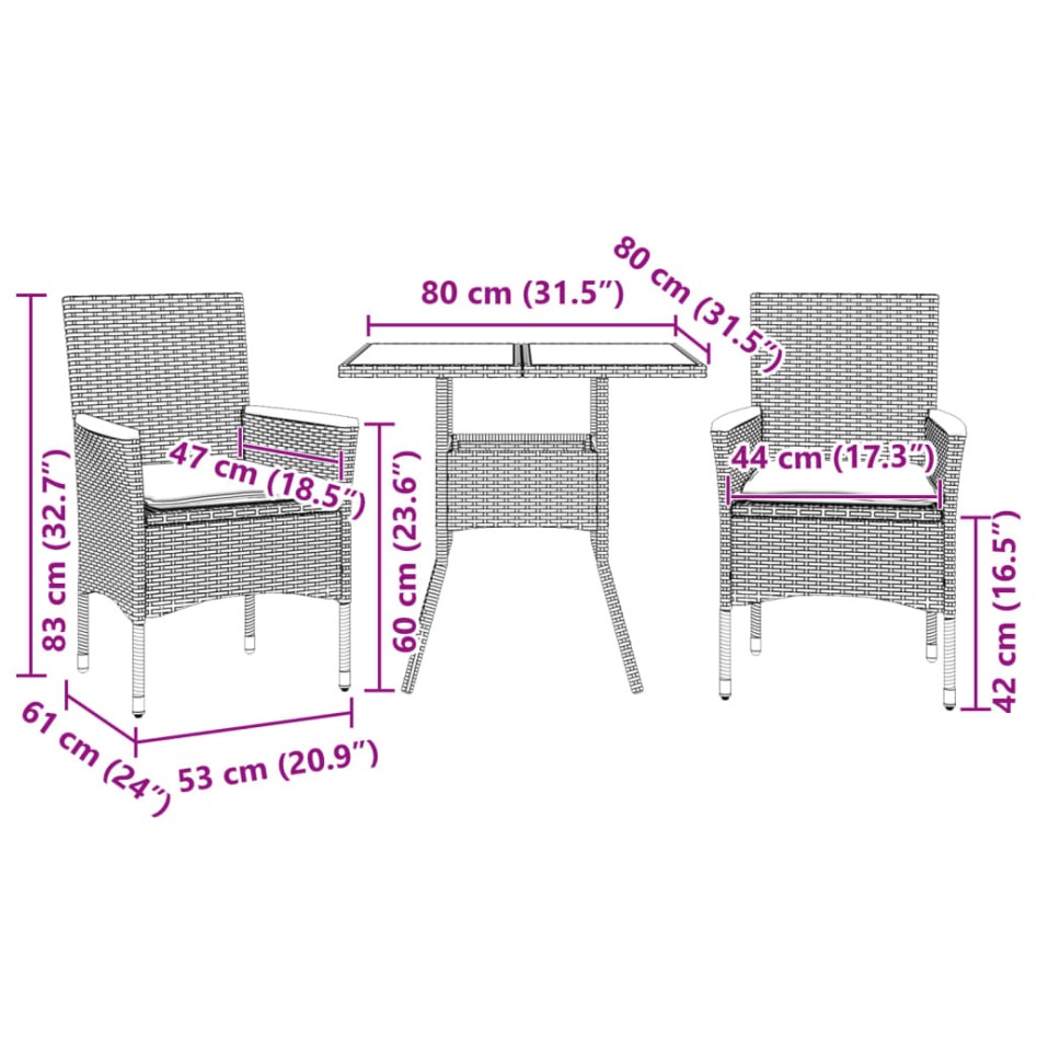 Set comedor jardín 3 pzas cojines ratán sintético vidrio