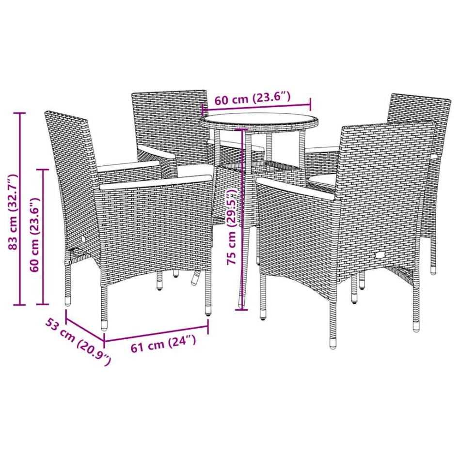 Set comedor jardín 5 pzas y cojines ratán sintético vidrio