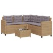Sofá de jardín en forma de L con mesa y cojines ratán PE beige