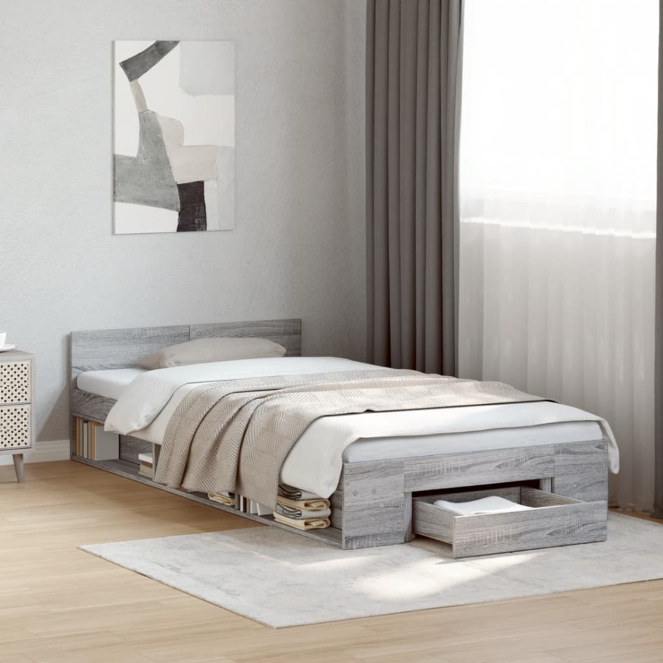 Cama con cajón madera de ingeniería gris Sonoma 90x200