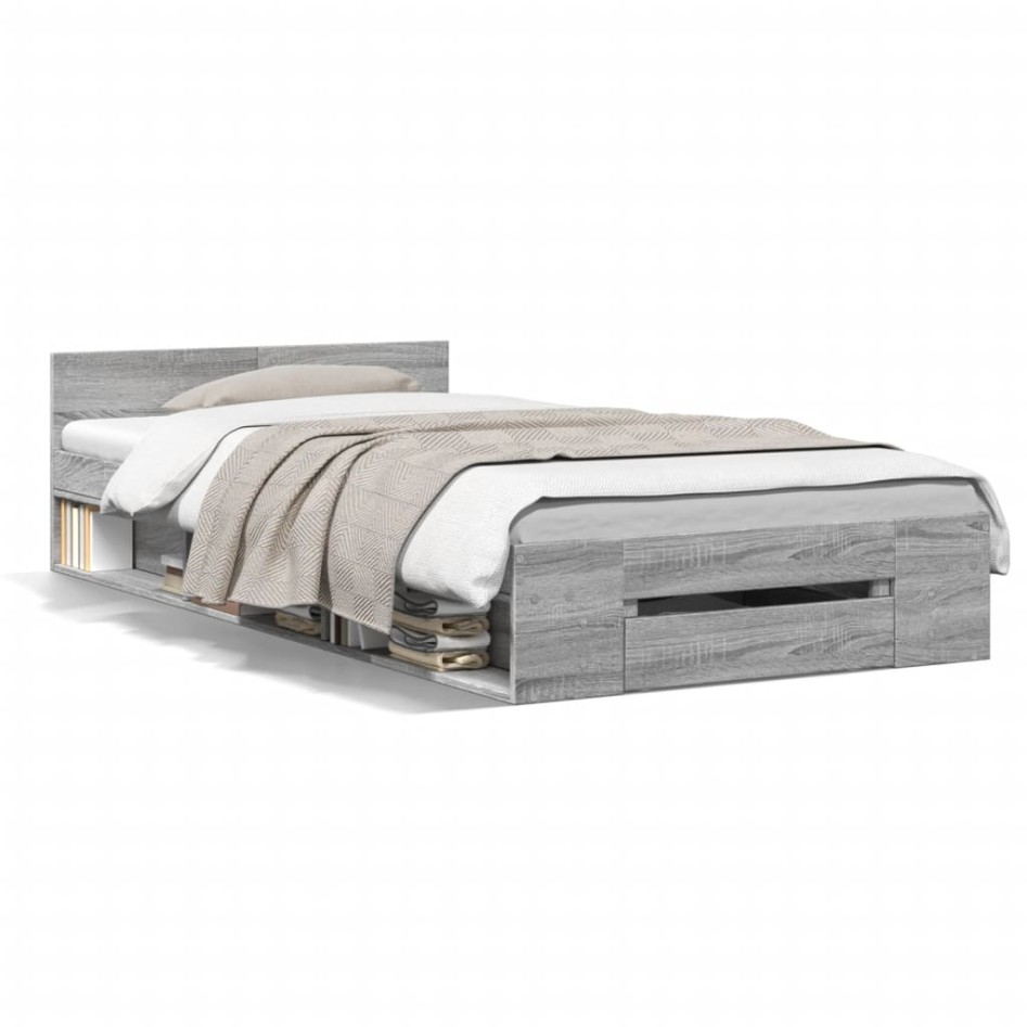 Cama con cajón madera de ingeniería gris Sonoma 90x200
