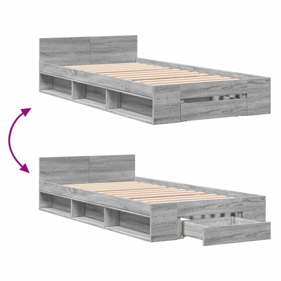 Cama con cajón madera de ingeniería gris Sonoma 90x200