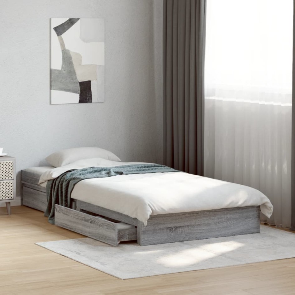 Cama con cajones madera ingeniería gris Sonoma 90x200