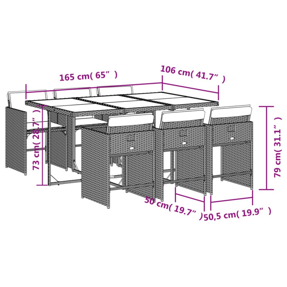 Set comedor de jardín 7 pzas con cojines ratán sintético