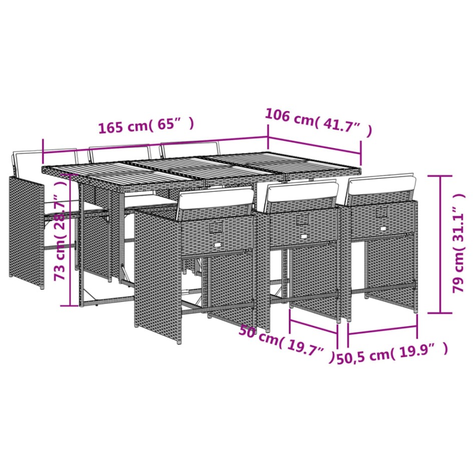 Set comedor de jardín 7 pzas con cojines ratán sintético