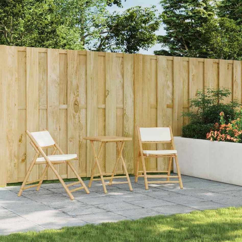 Juego bistró plegable de bambú 3 pzas con cojines blanco