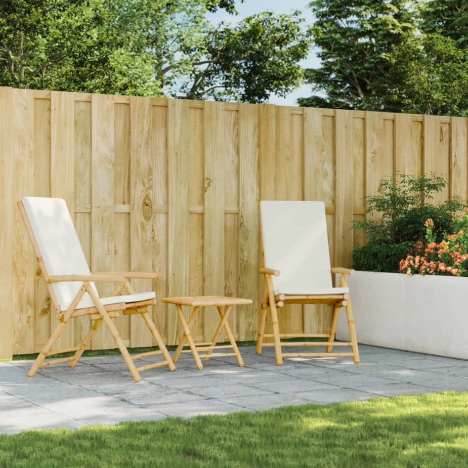 Juego bistró plegable con cojines 3 pzas bambú blanco