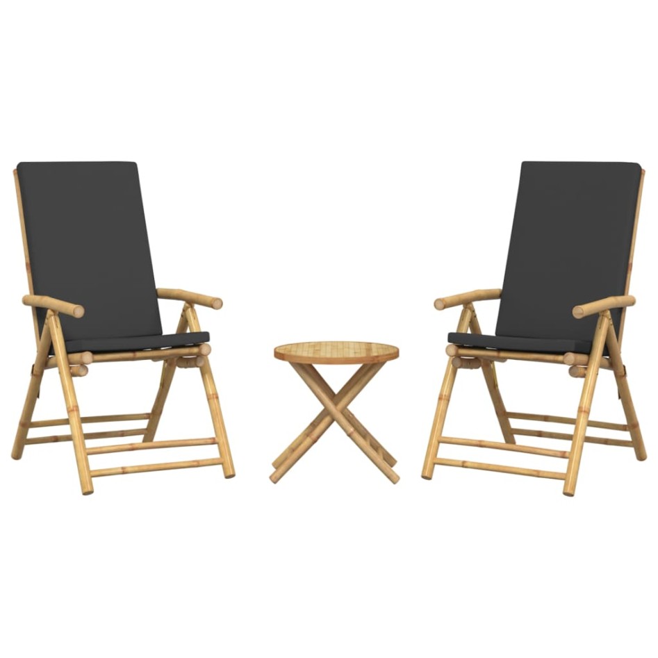 Juego bistró plegable con cojines 3 pzas bambú gris