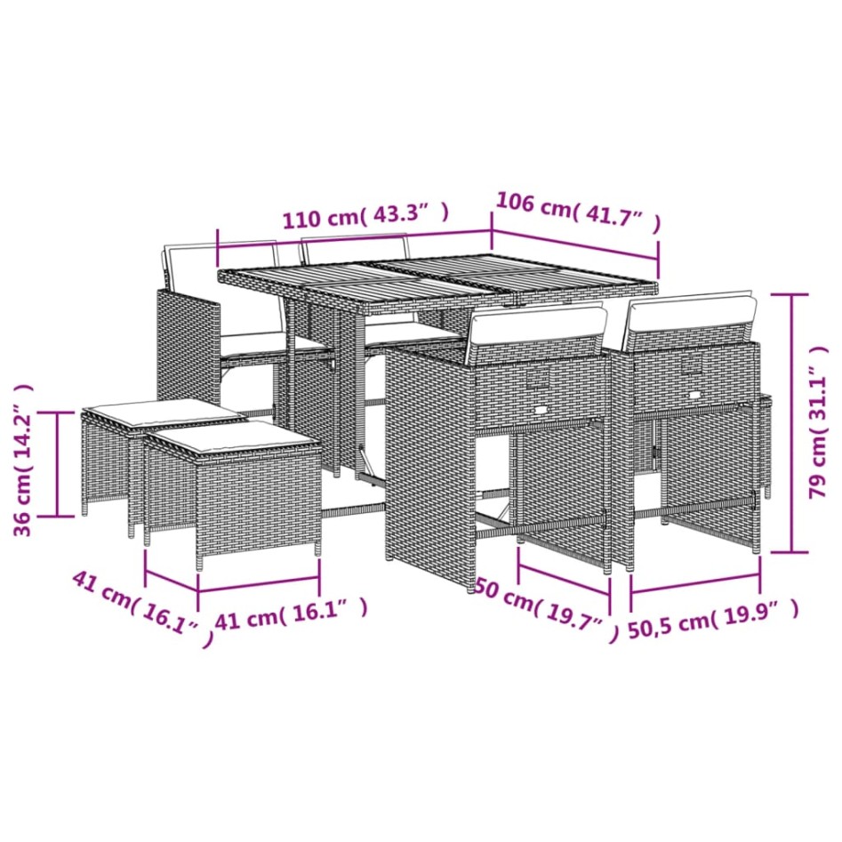 Set comedor de jardín 9 pzas con cojines ratán sintético