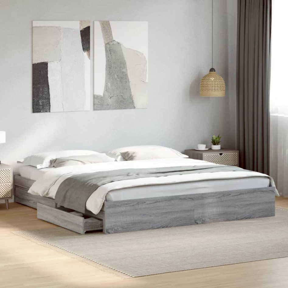 Cama con cajones madera ingeniería gris Sonoma 200x200