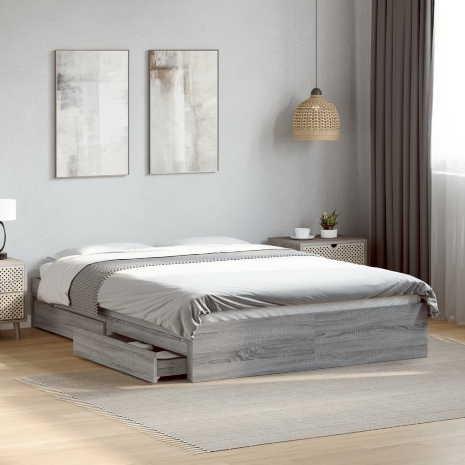 Cama con cajones madera ingeniería gris Sonoma 120x200