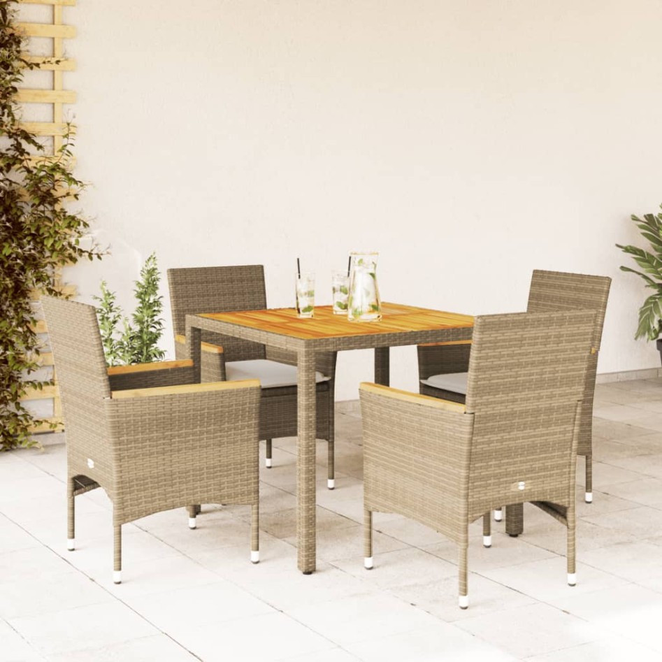 Set de comedor jardín 5 pzas con cojines ratán PE acacia