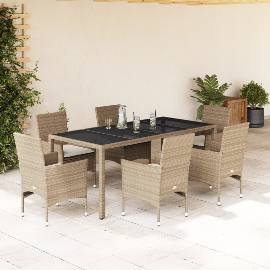 Set comedor jardín 7 pzas cojines ratán sintético vidrio