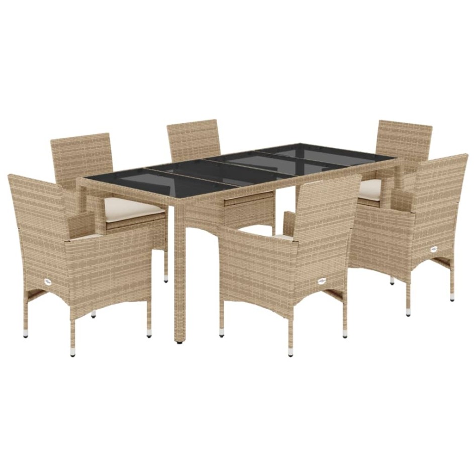 Set comedor jardín 7 pzas cojines ratán sintético vidrio