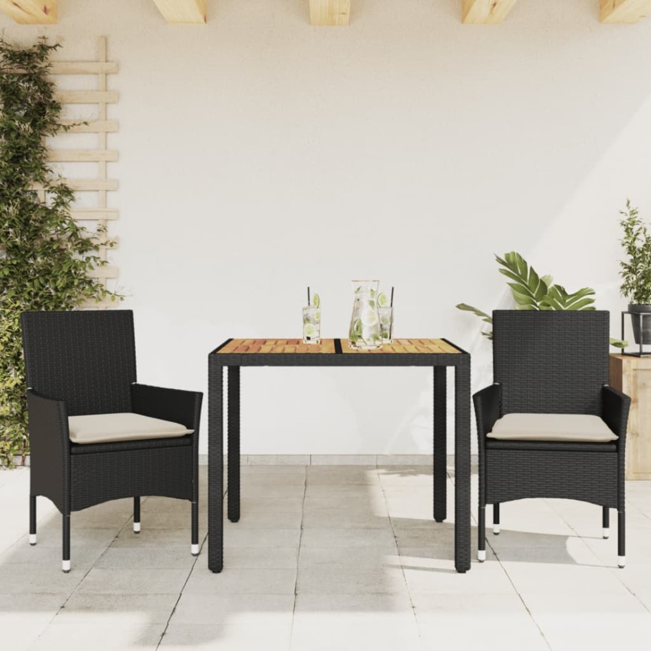 Set de comedor jardín 3 pzas con cojines ratán PE acacia