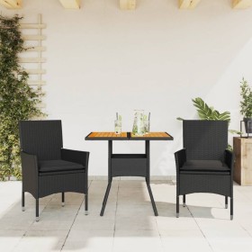 Set de comedor jardín 3 pzas con cojines ratán PE acacia