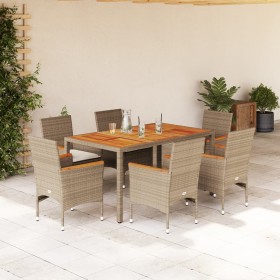 Set de comedor jardín 7 pzas con cojines ratán PE acacia