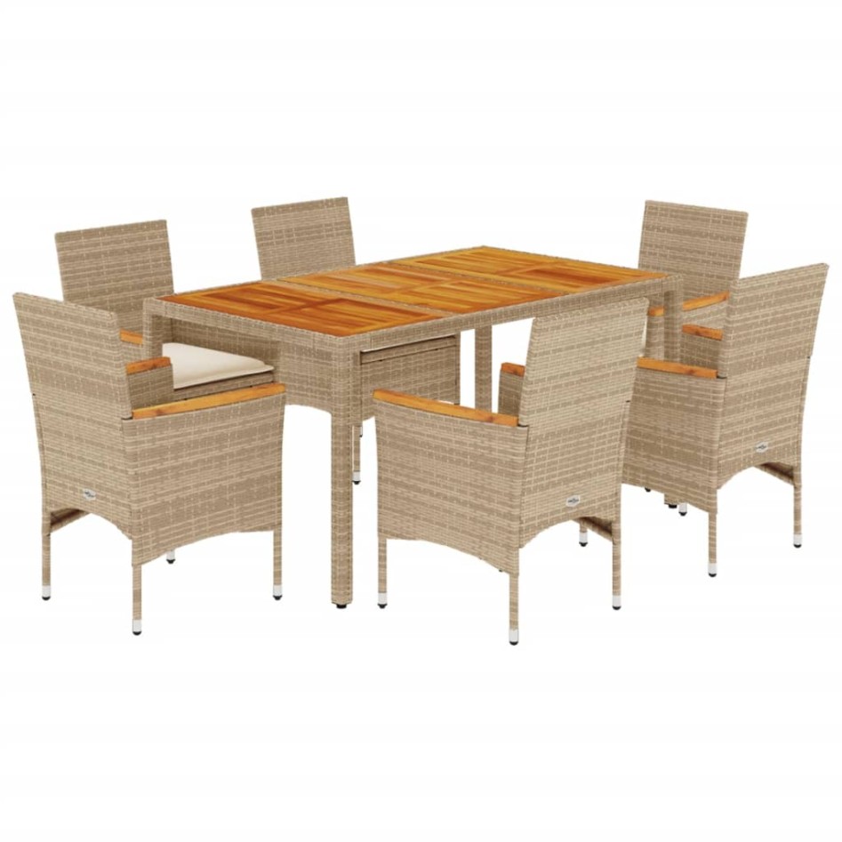 Set de comedor jardín 7 pzas con cojines ratán PE acacia