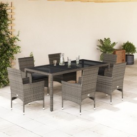 Set comedor jardín 7 pzas y cojines ratán sintético vidrio