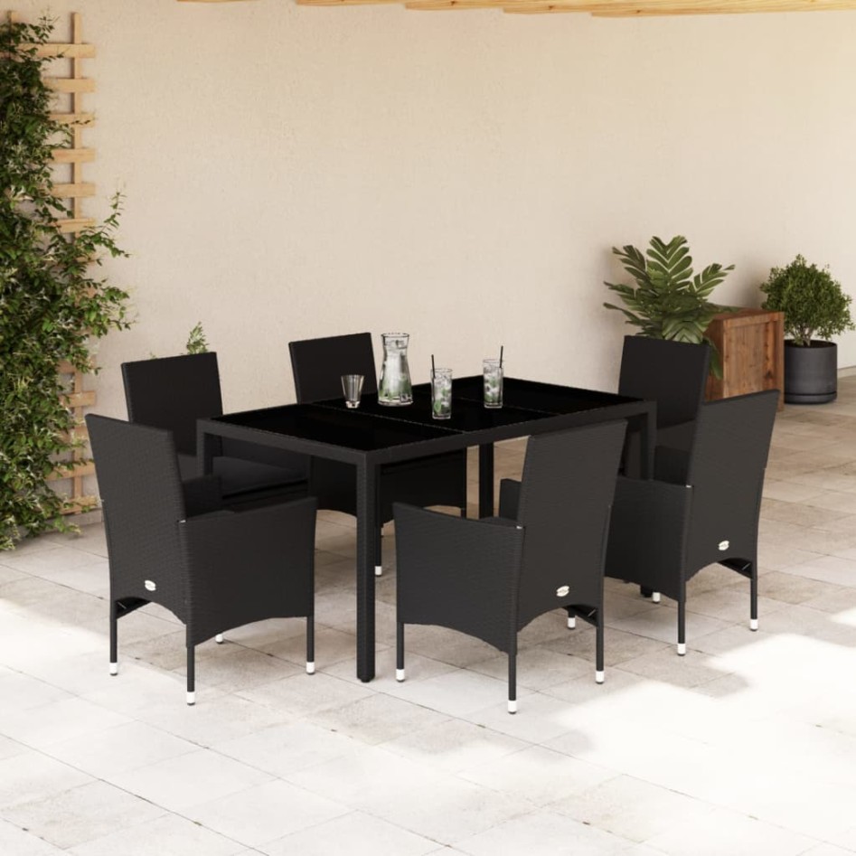 Set comedor jardín 7 pzas cojines ratán sintético vidrio