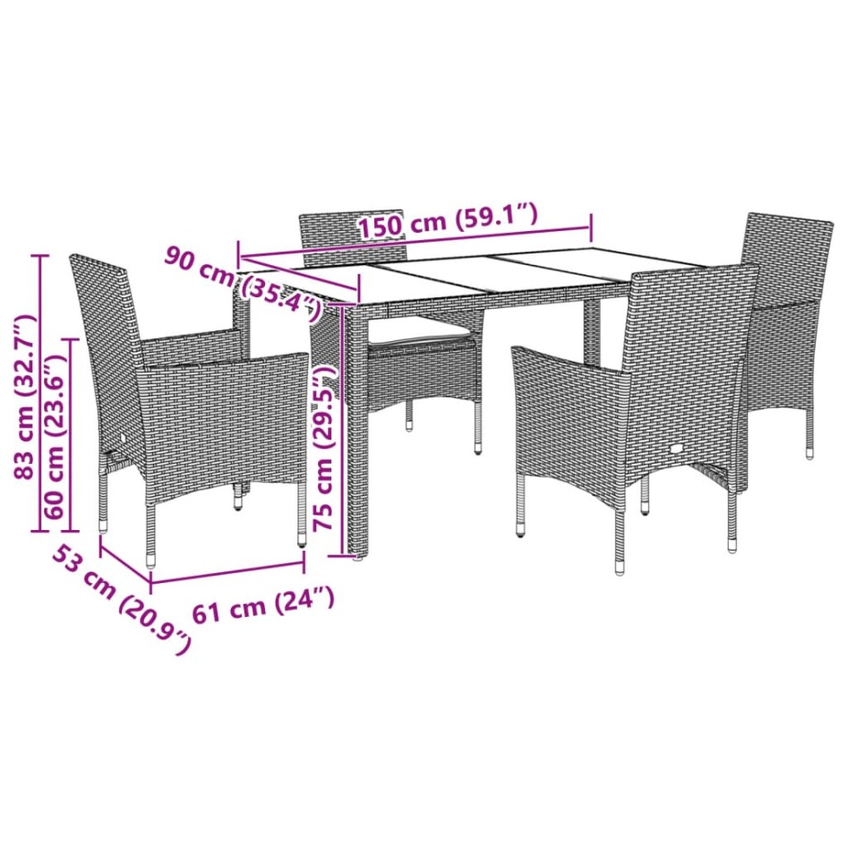 Set comedor jardín 7 pzas cojines ratán sintético vidrio
