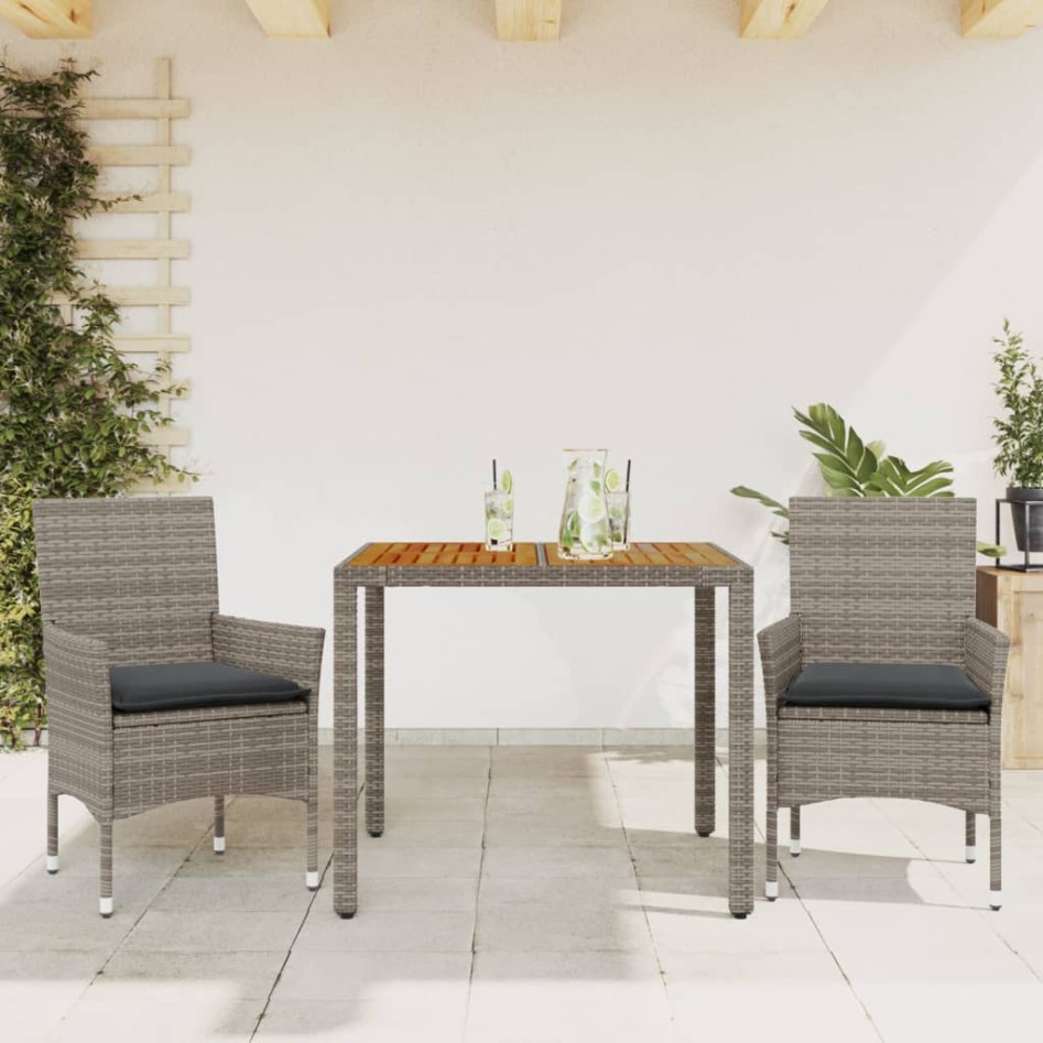 Set de comedor jardín 3 pzas con cojines ratán PE acacia