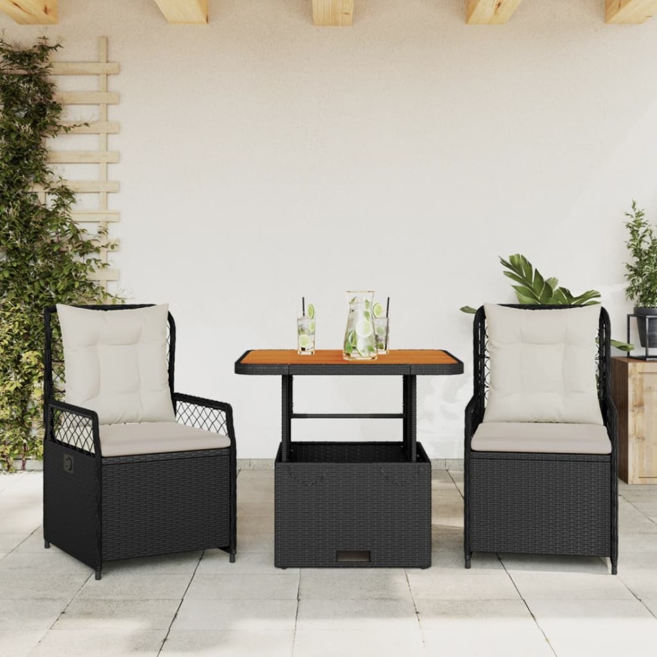 Set comedor de jardín 3 pzas con cojines ratán sintético