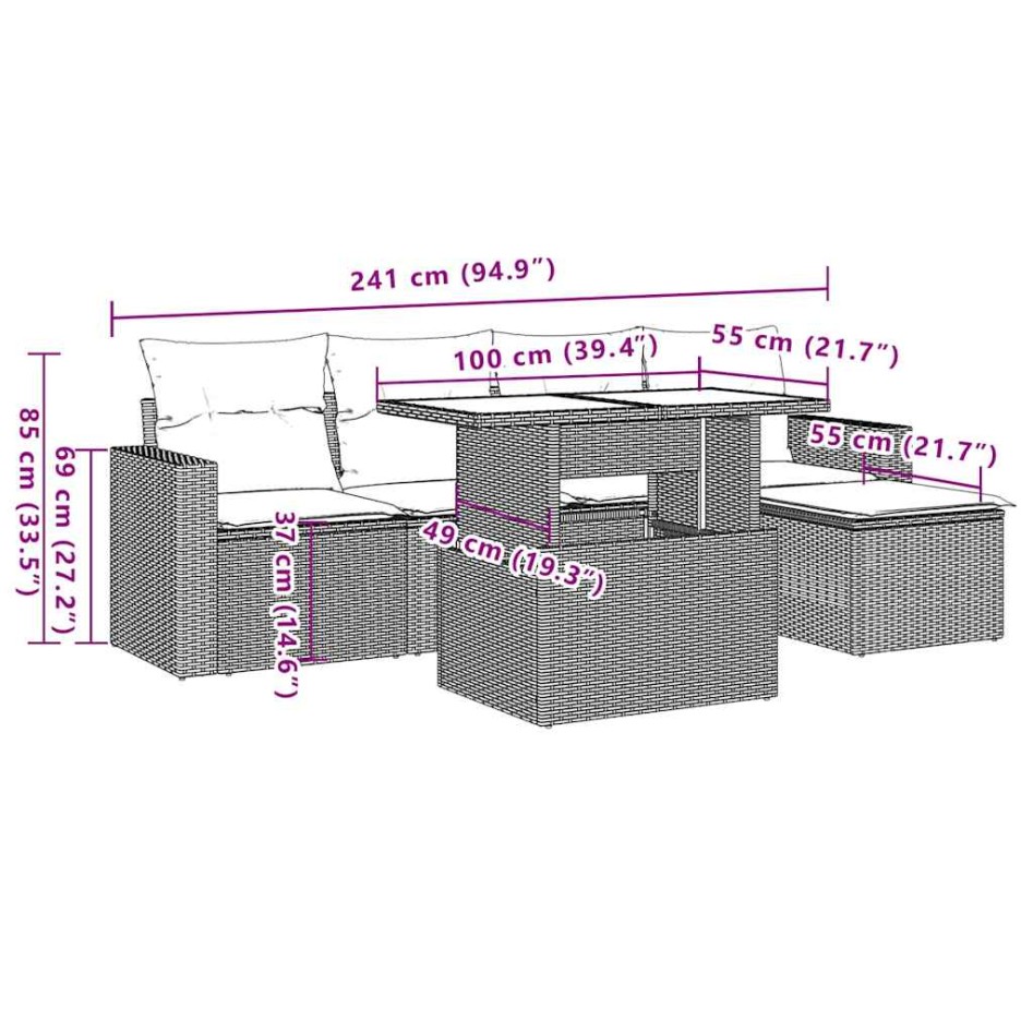 Set de sofás de jardín 6 piezas y cojines ratán sintético