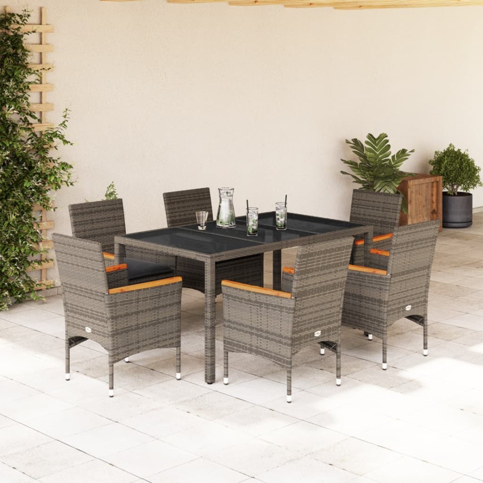 Set comedor jardín 7 pzas y cojines ratán sintético vidrio