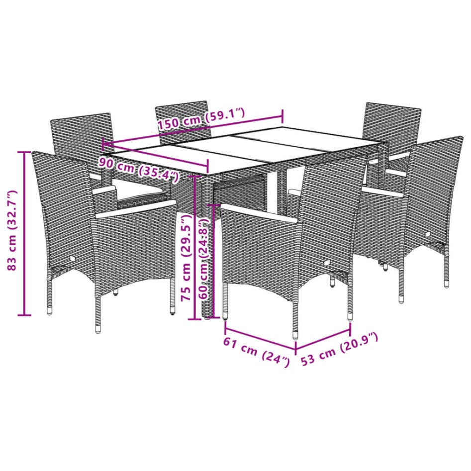 Set comedor jardín 7 pzas y cojines ratán sintético vidrio