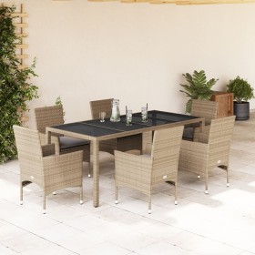 Set comedor jardín 7 pzas cojines ratán sintético vidrio