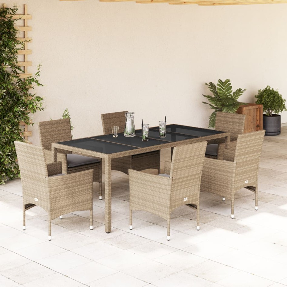 Set comedor jardín 7 pzas cojines ratán sintético vidrio