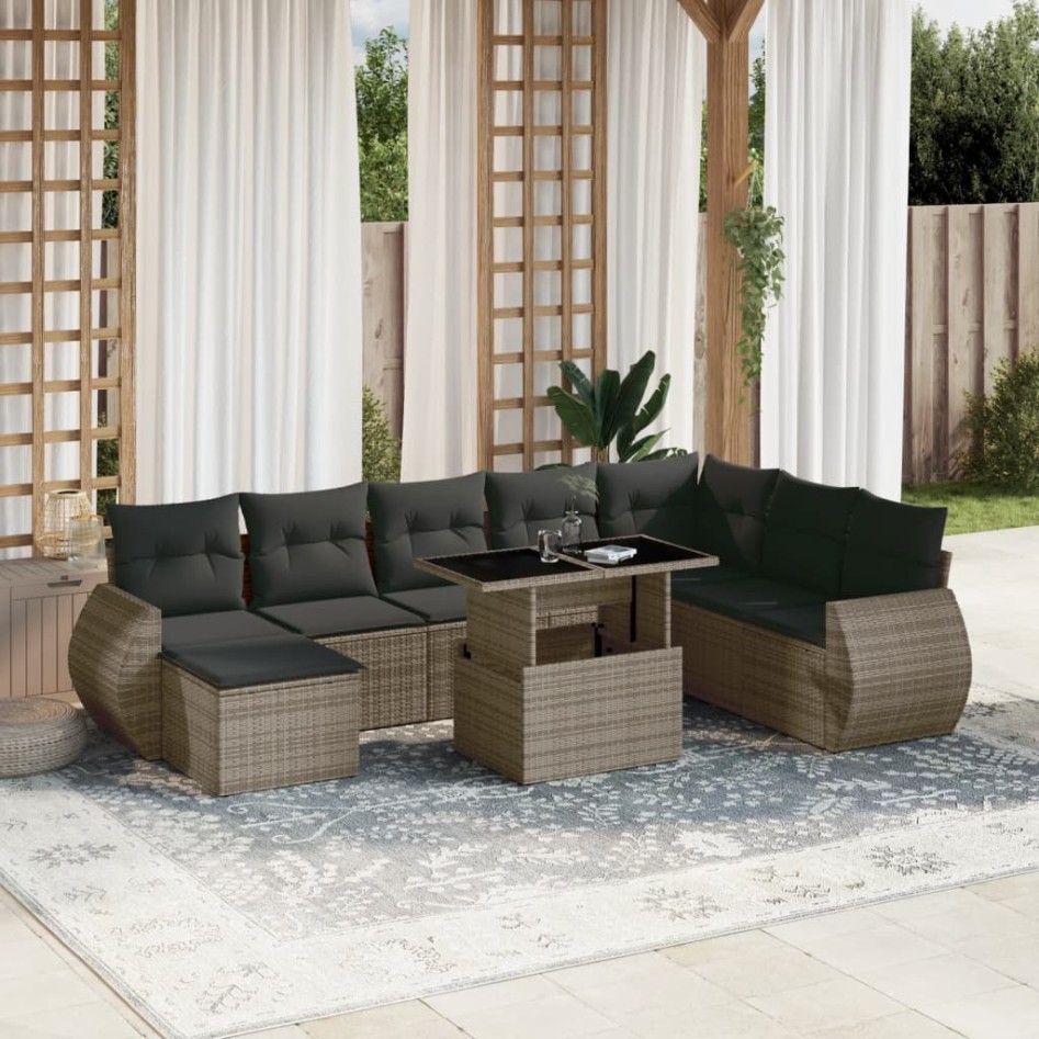 Set de muebles de jardín 9 pzas y cojines ratán sintético