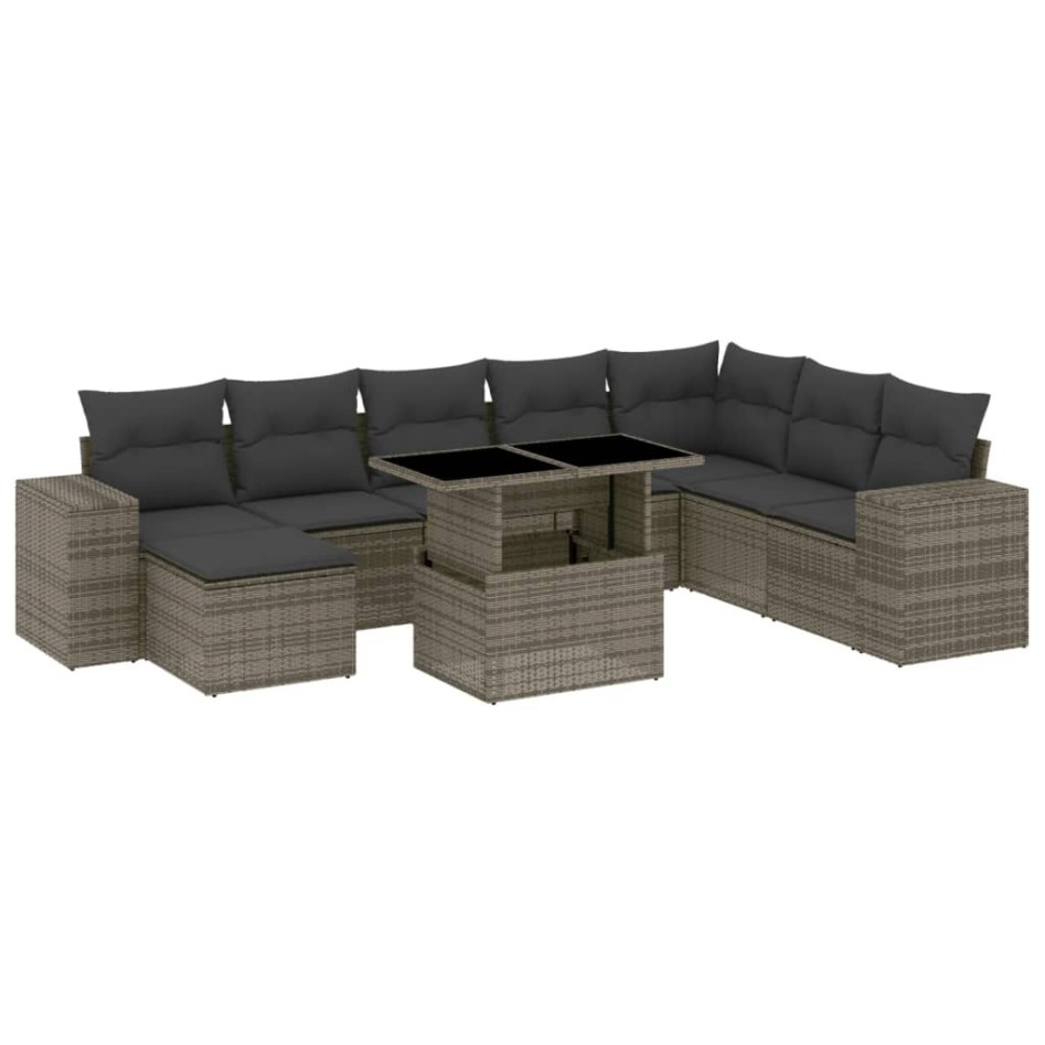 Set de muebles de jardín 9 pzas y cojines ratán sintético