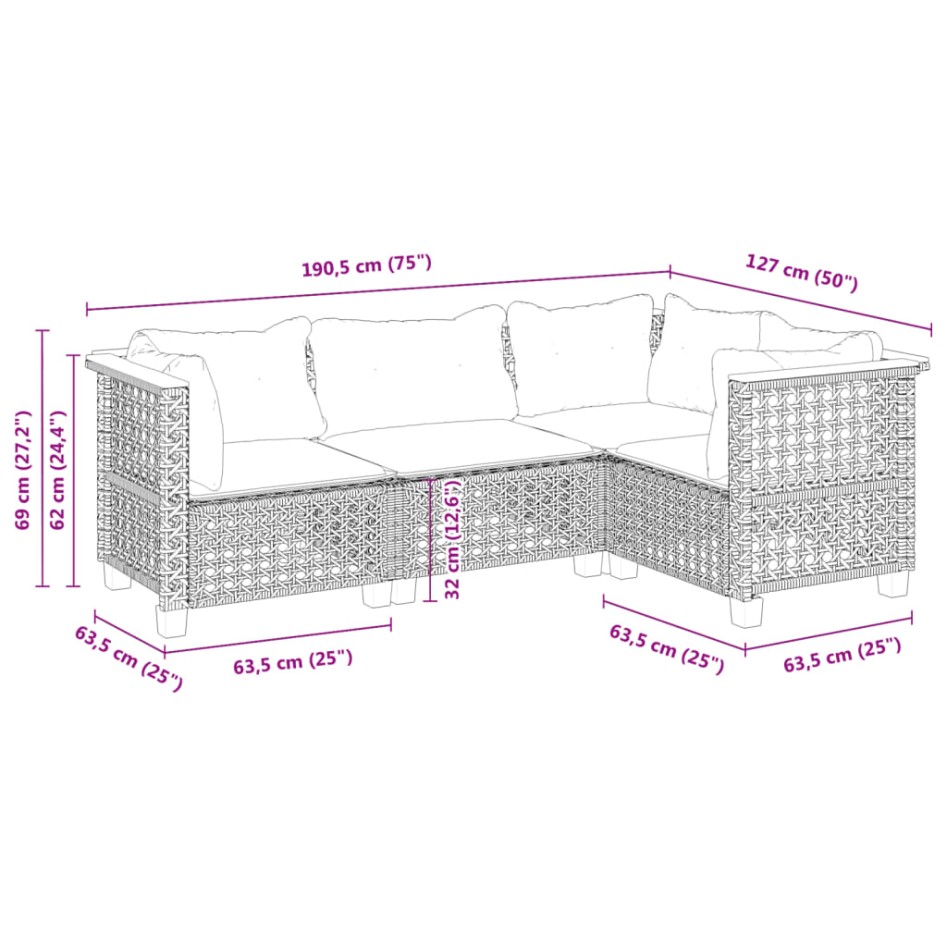 Juego de sofás jardín 4 pzas con cojines ratán sintético